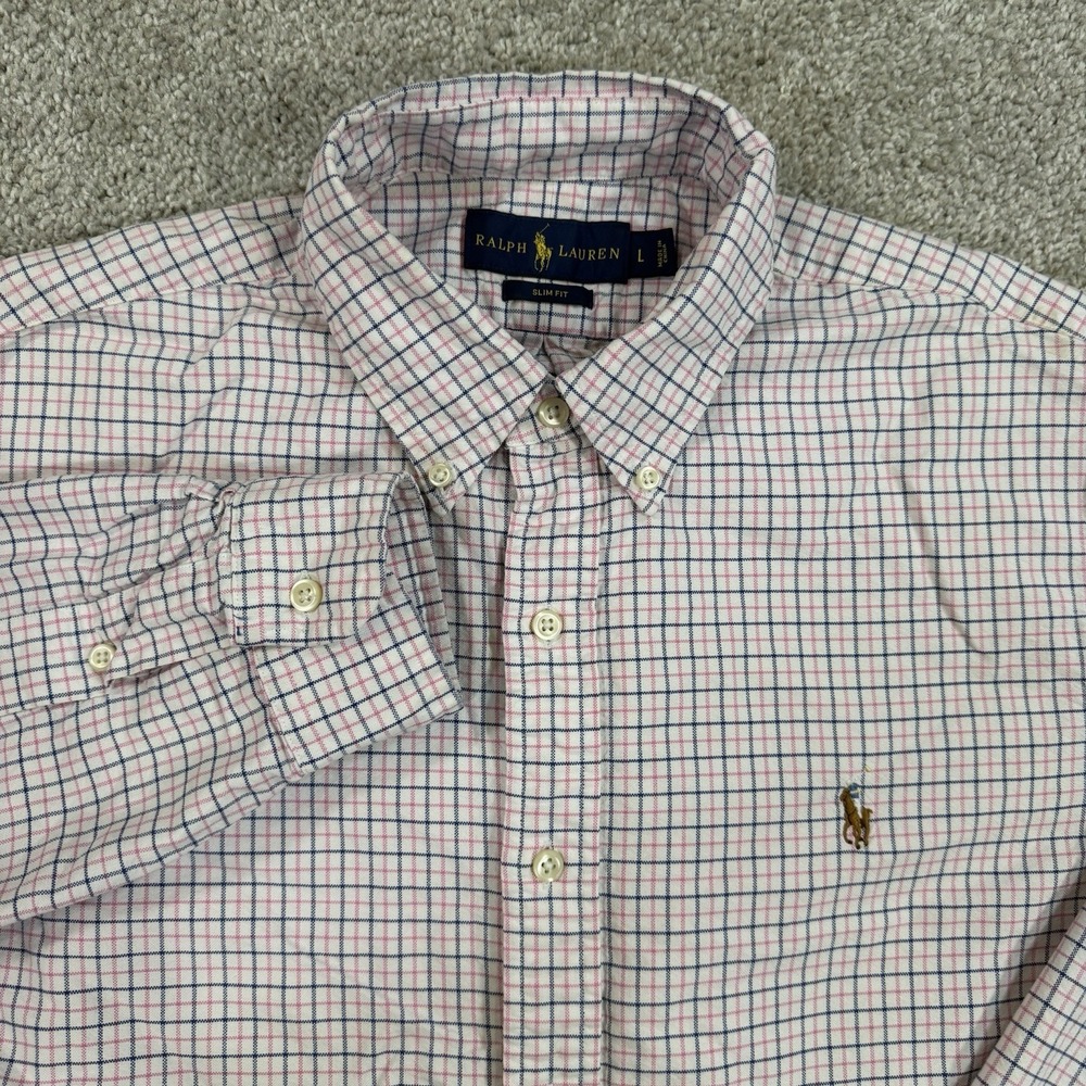 Ralph Lauren Slim Fit Button Down Shirt L Check Flesh Pony‎ Logo Classic Preppy